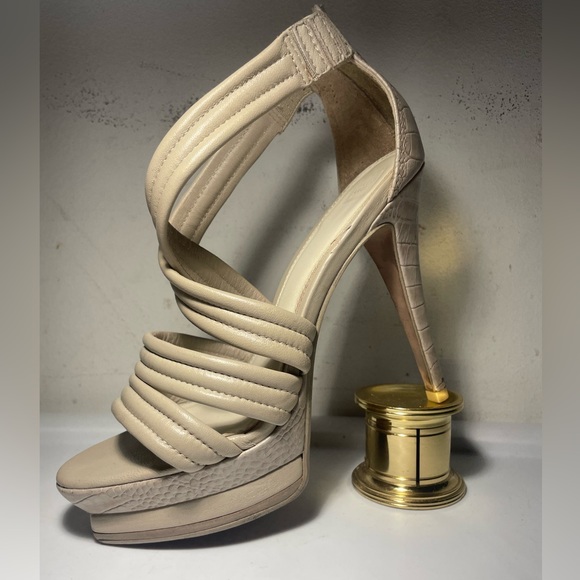 Herve Leger wome’s sandals strappy heels platform beige leather snakeakin sz 38 - Picture 10 of 12